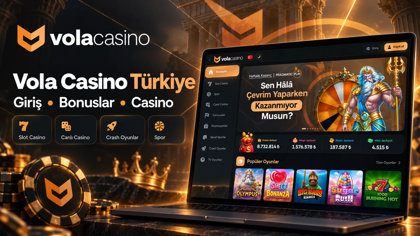 Vola Casino Türkiye giriş ekranı, slotlar ve oyun menüsü