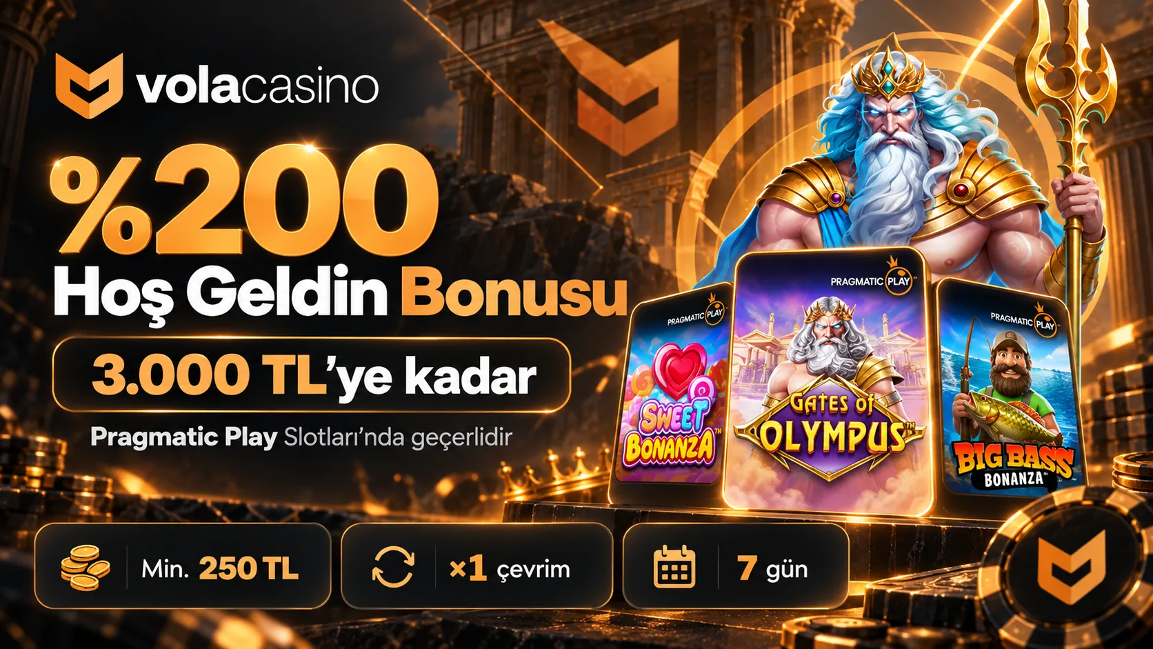 Vola Casino %200 hoş geldin bonusu, 3.000 TL'ye kadar